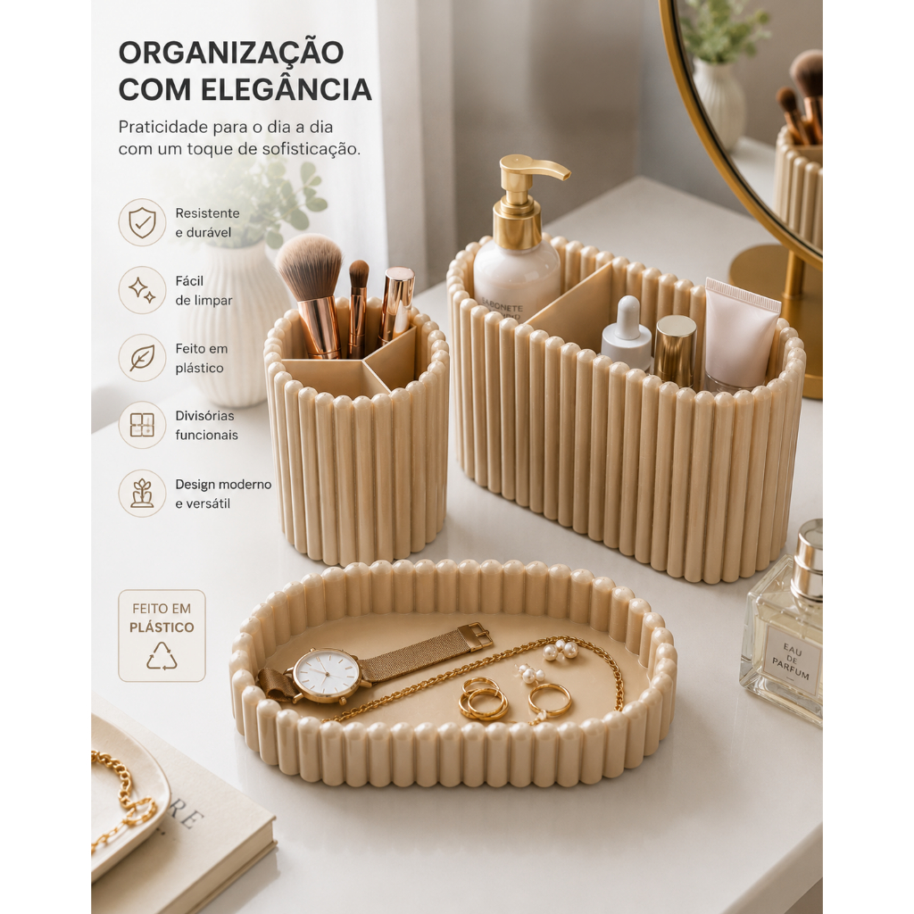 Kit 3 Organizadores Multiuso para Banheiro, Penteadeira e Escritório com Bandeja e Divisórias em Plástico Resistente