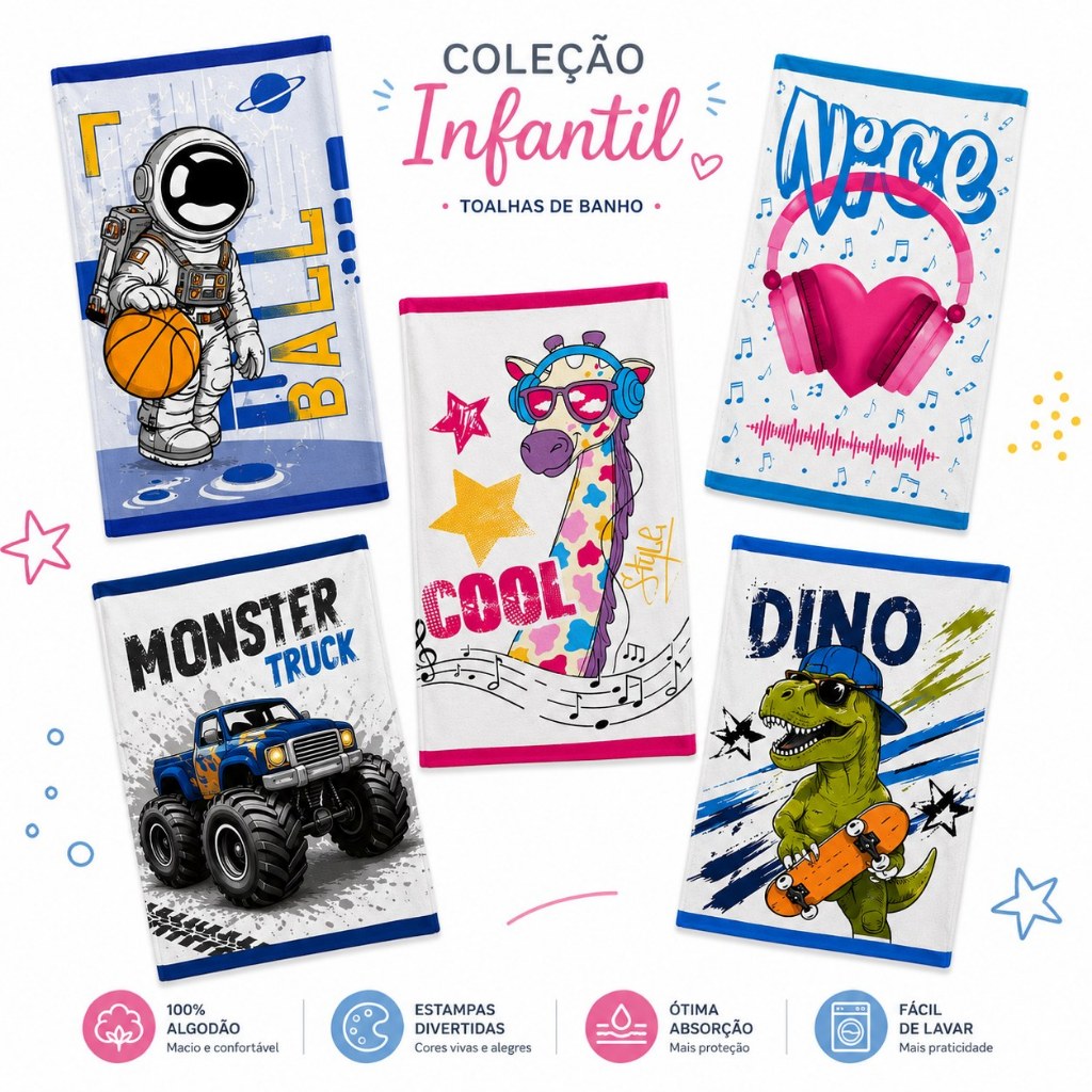Toalha Banho Infantil Estampada TEKA Menino E Menina Felpuda 100% Algodão CANDY UNICORNIO DINOSSAURO CARROS CORAÇÃO