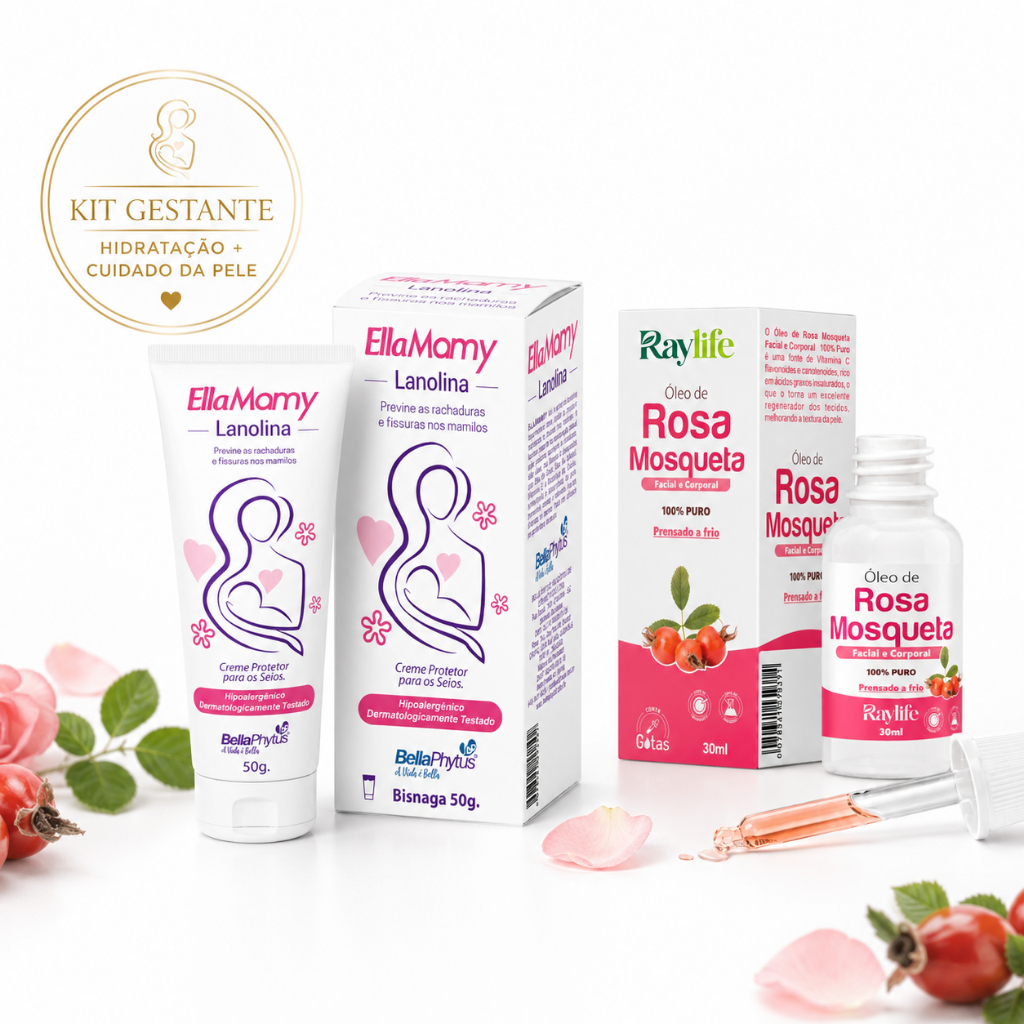 Kit 1x EllaMamy Lanolina 50g + 1x Óleo Rosa Mosqueta 30ml Amamentação Estrias Previne Rachaduras