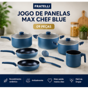 Jogo de Panelas Antiaderente 9 Peças - Azul Não Gruda Fácil limpar Max Chef Blue Premium