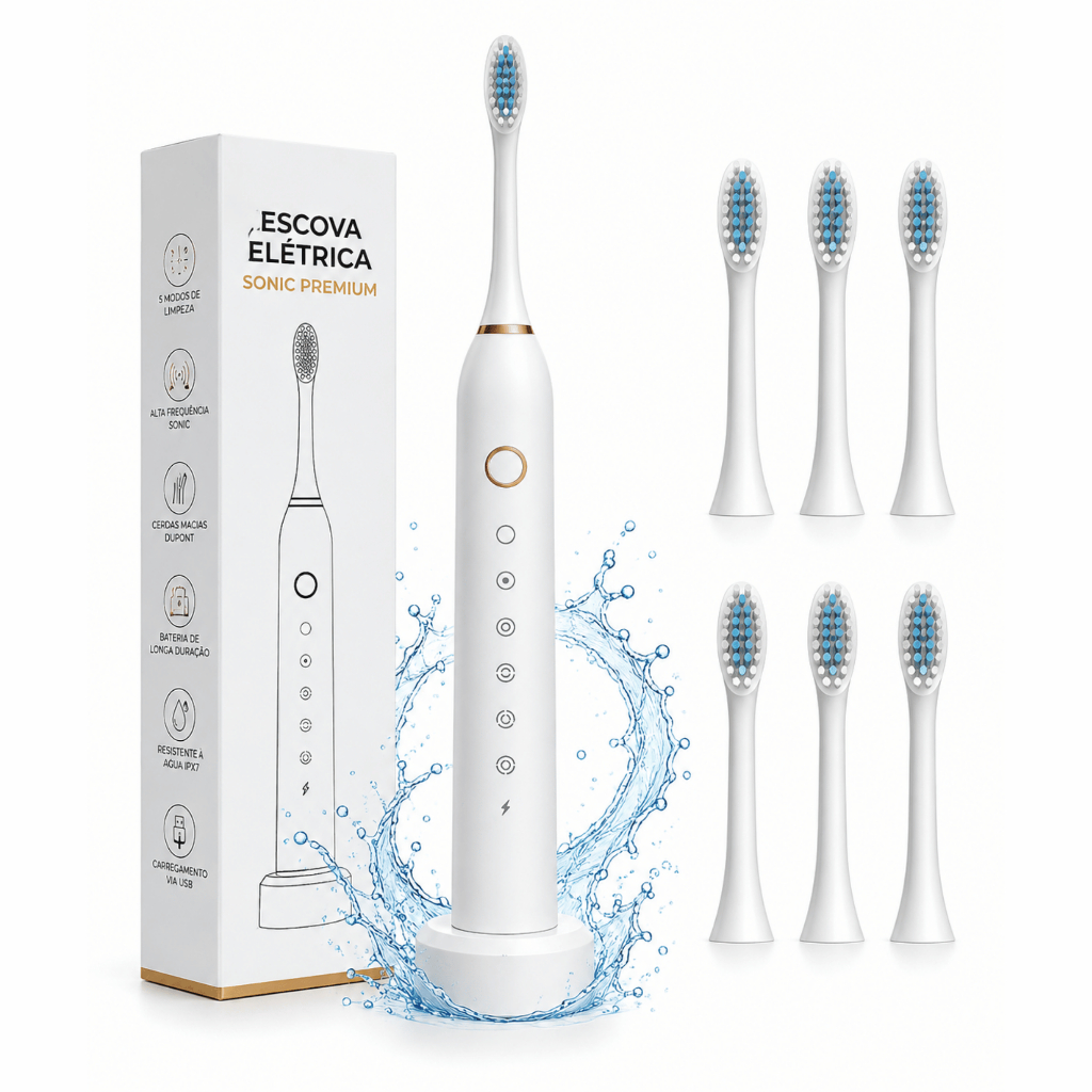 Escova Dental Elétrica Sônica Recarregável 6 modos Limpeza Profunda
