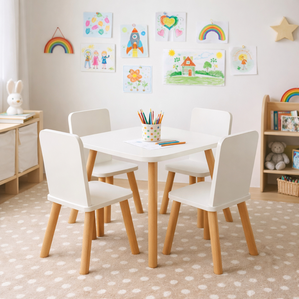 Mesa Infantil Redonda MDF Branco Com 4 Cadeiras Montessori Educativa Pés de Pinus Criança