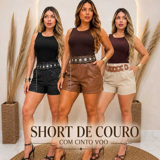 SHORT FEMENINO COURO FAKE CON CINTO BOHO    CINTURA ALTA