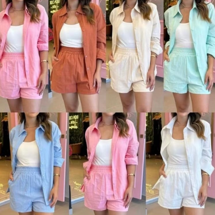 Conjunto Feminino de 2 Peças Short E Camisa De Linho Com Elastico Na Cintura 788