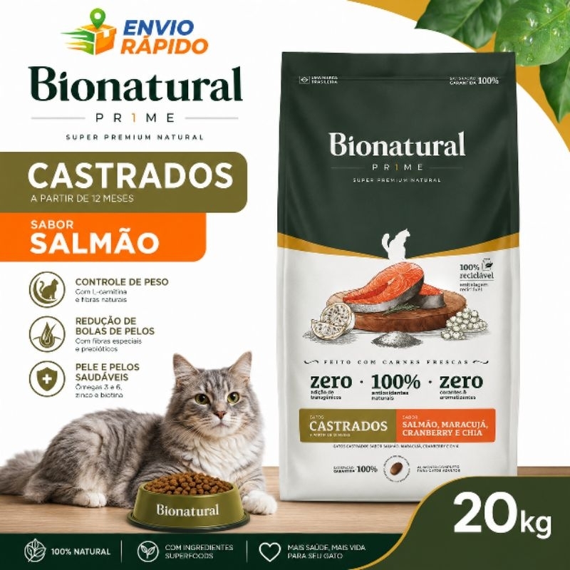 Ração Bionatural Para Gatos Castrados sabor Salmão 20 KG Ração Super Premium