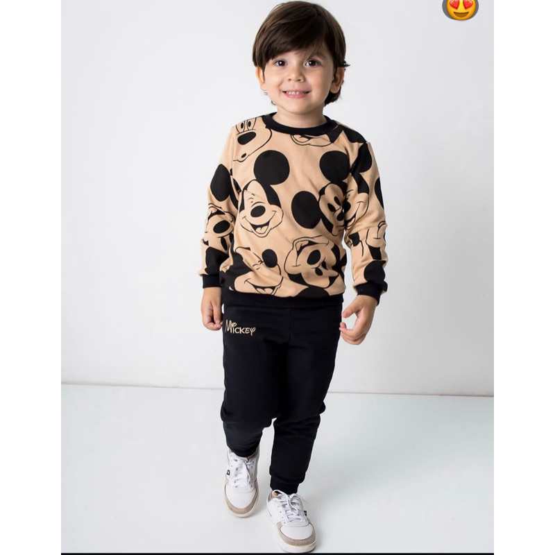 Conjunto Infantil Moletom Mickey Mouse Peluciado Inverno Unissex – Blusa Estampada + Calça