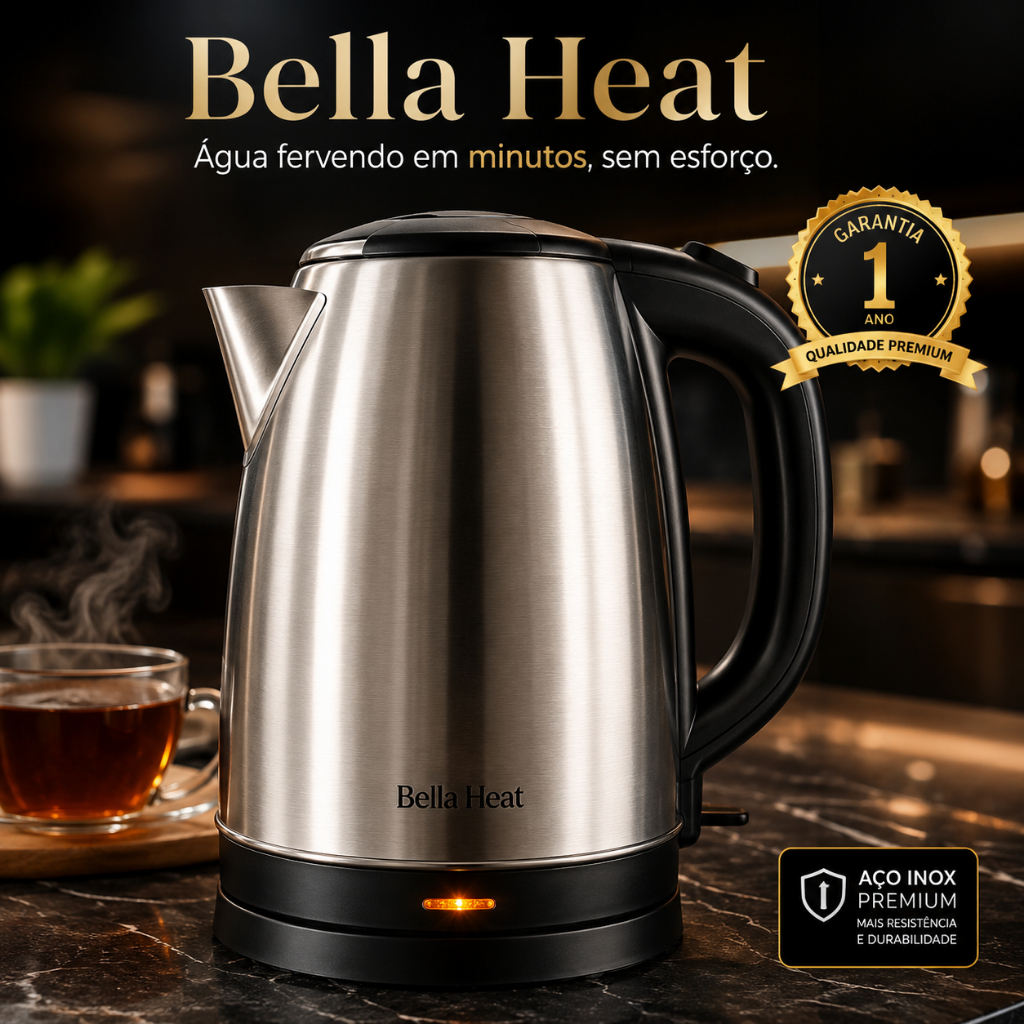 Chaleira Elétrica Bella Heat em Inox 1,8L 1000W Desligamento Automático Aquecimento Rápido