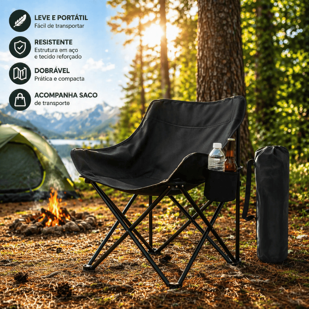 Cadeira Dobrável Pesca Praia Acampamento + Bolsa de Transporte Resistente 150kg Preto Premium