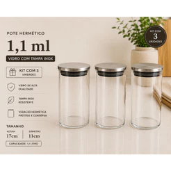 Kit 3 Potes Vidro Hermético Tampa Inox Café Arroz Feijão Mantimentos Cozinha guardar comida