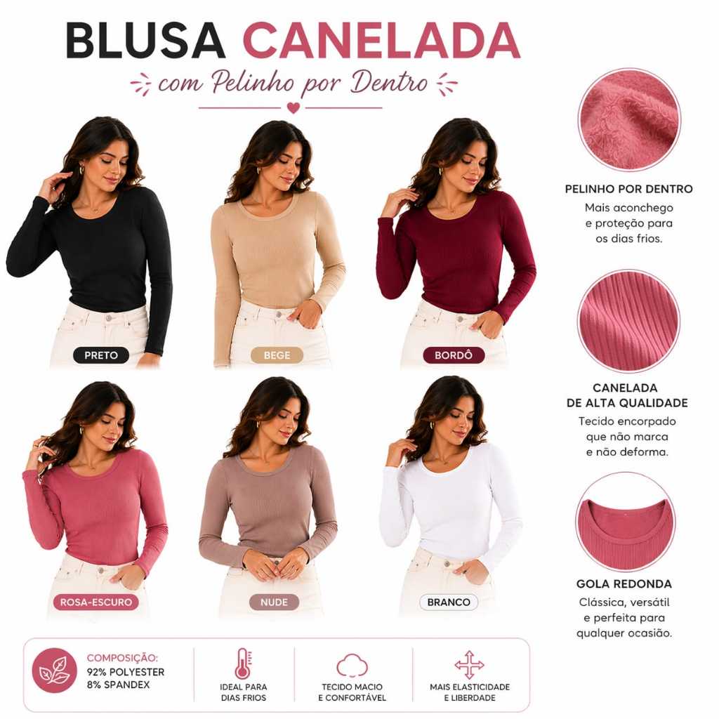 Blusa Térmica Feminina Forrada Peluciada Grossa Inverno Frio