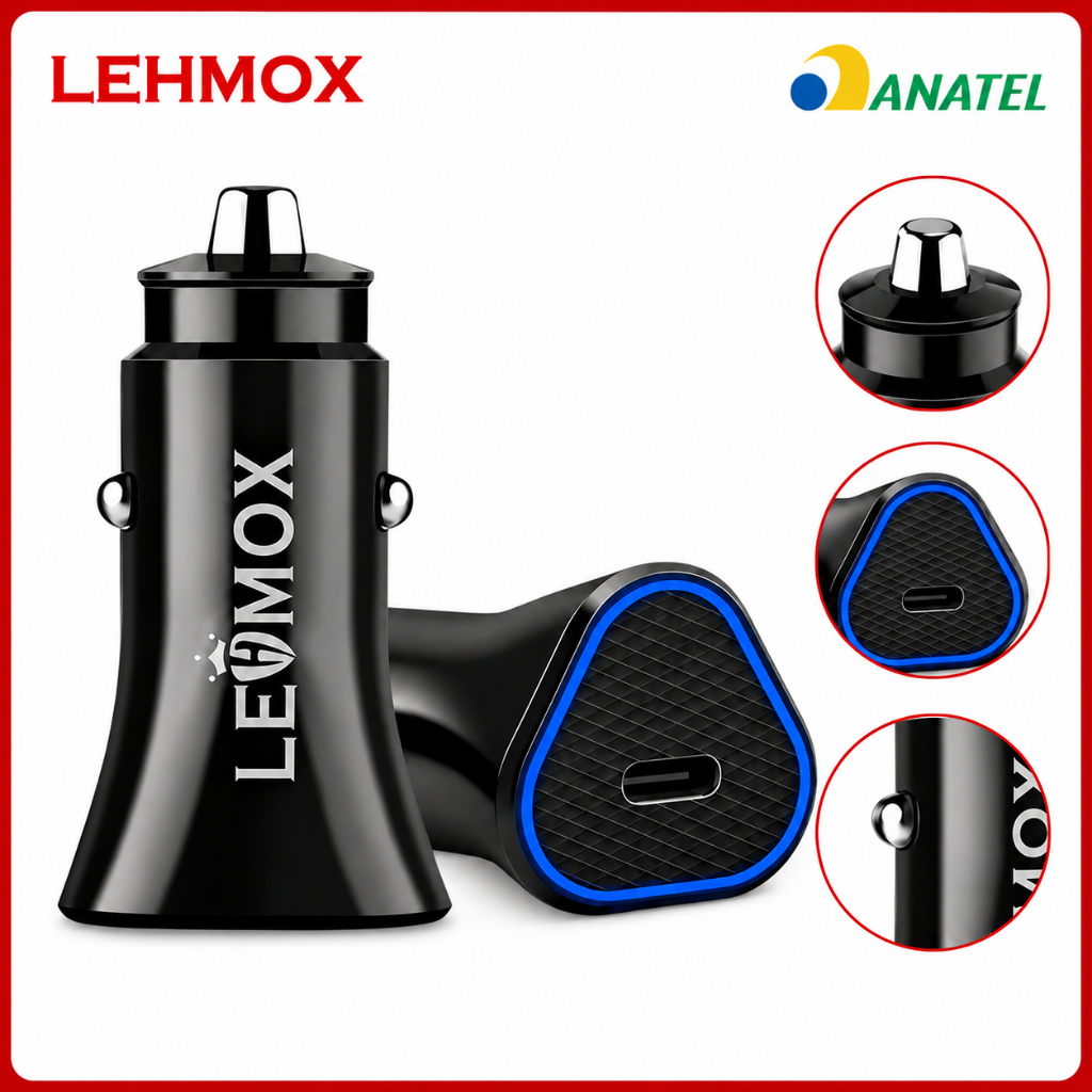 Carregador Veicular Turbo USB C 20W Lehmox Carregamento Rápido iPhone Android