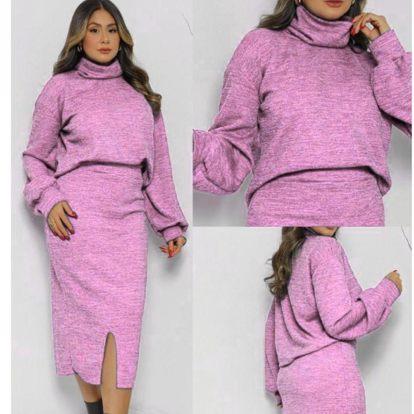 CONJUNTO FEMENINO DE FRIO SAIA COM FENDA CASACO DE GOLA ALTA