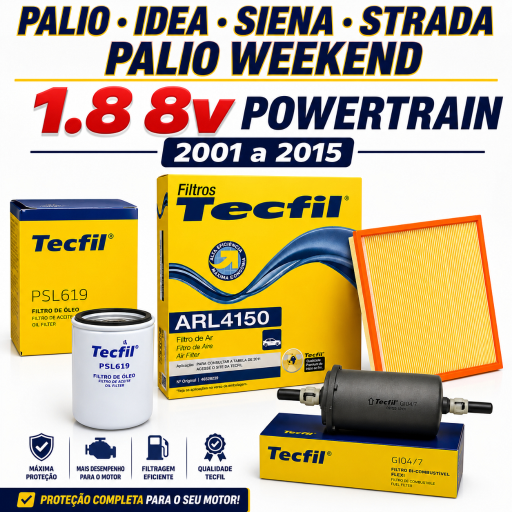 Kit Filtros Palio Ideia Siena Strada Palio Weekend 1.8 8v Powertrain 2001 a 2015 Ar Oleo Combustivel