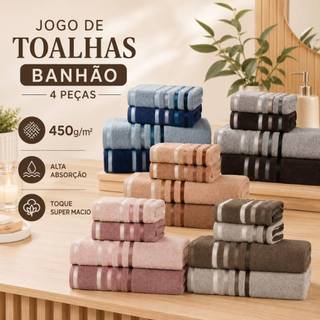 Kit 2 Toalhas de Banho Gigante 2 Toalhas de Rosto 100% Algodão Banhão Boa Absorção 450g Flora