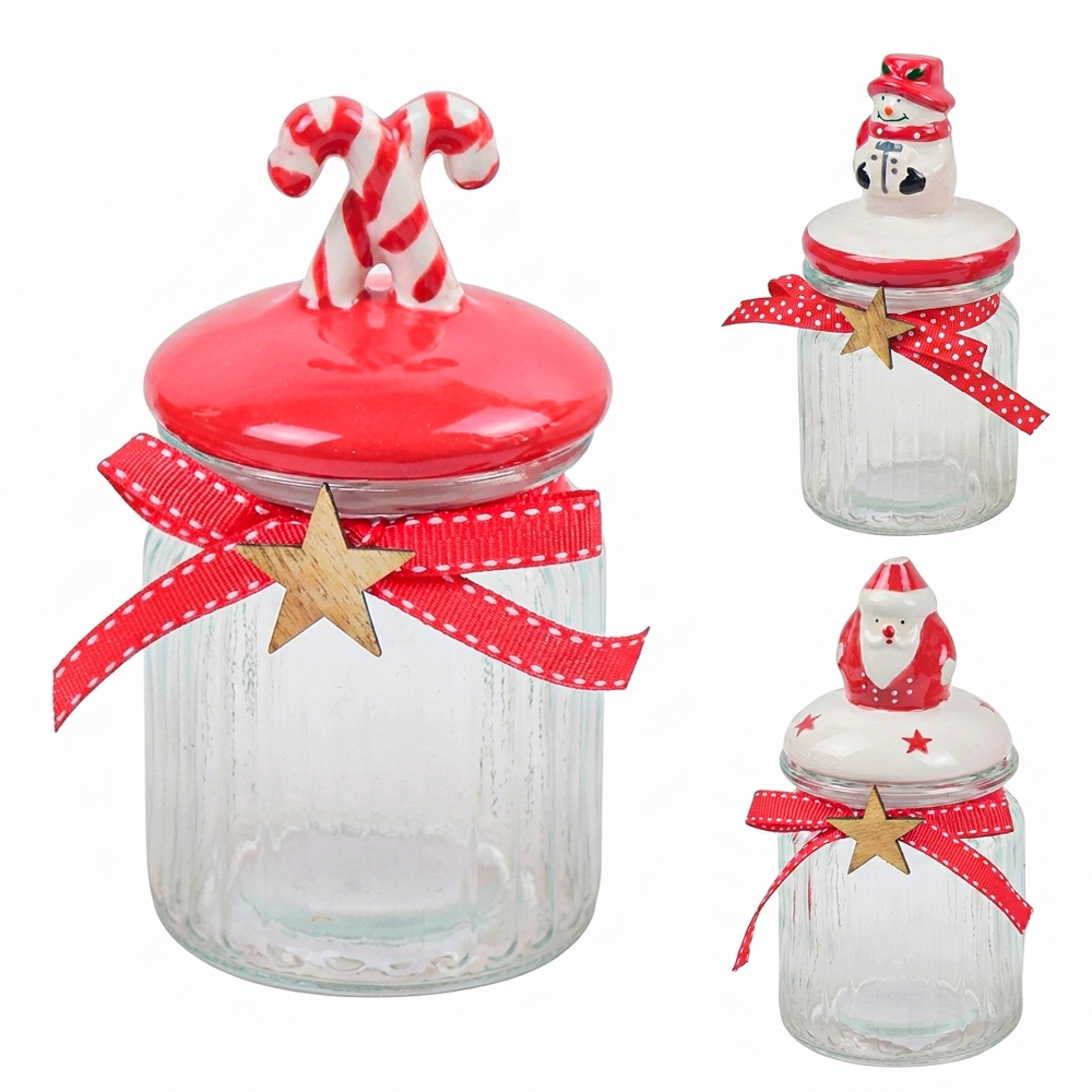POTE DE VIDRO REDONDO CANELADO NATALINO COM TAMPA HERMETICA DE PORCELANA 300ML