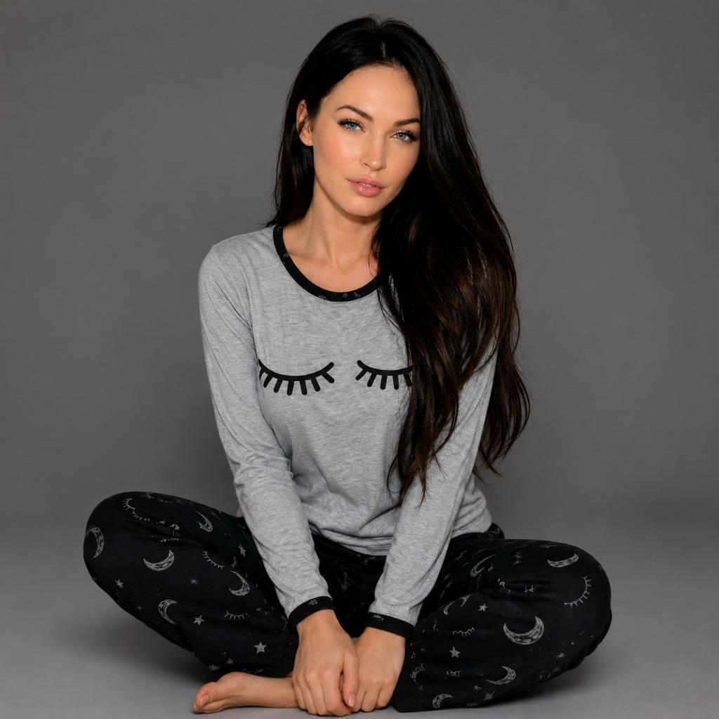 Pijama Inverno FM Feminino Cilios Fofo Malha Premium Longo Manga Comprida Inverno Estampado Fechado