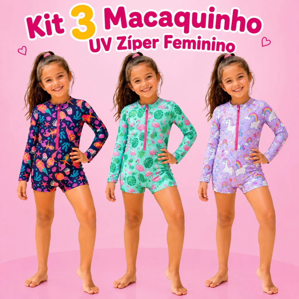KIT 3 Macacão UV50+ Maiô com ziper Infantil Feminino Praia Piscina Natação Macaquinho — imagem 1