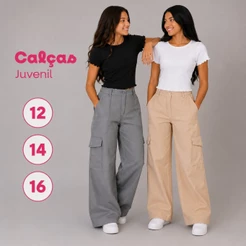 Calça Pantalona Juvenil Wide Leg Cargo Feminina Menina Tamanho Infanto Juvenil 12/14/16 Alfaiataria