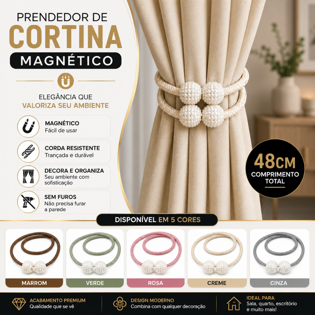Kit Prendedor de Cortina Magnético Abraçadeira com Ímã Cinto de Cortina Corda Pérolas Duhome