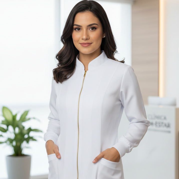 Jaleco Feminino Manga Longa com Zíper Enfermagem Medicina Estética Odontologia Uniforme Profissional Preto Branco