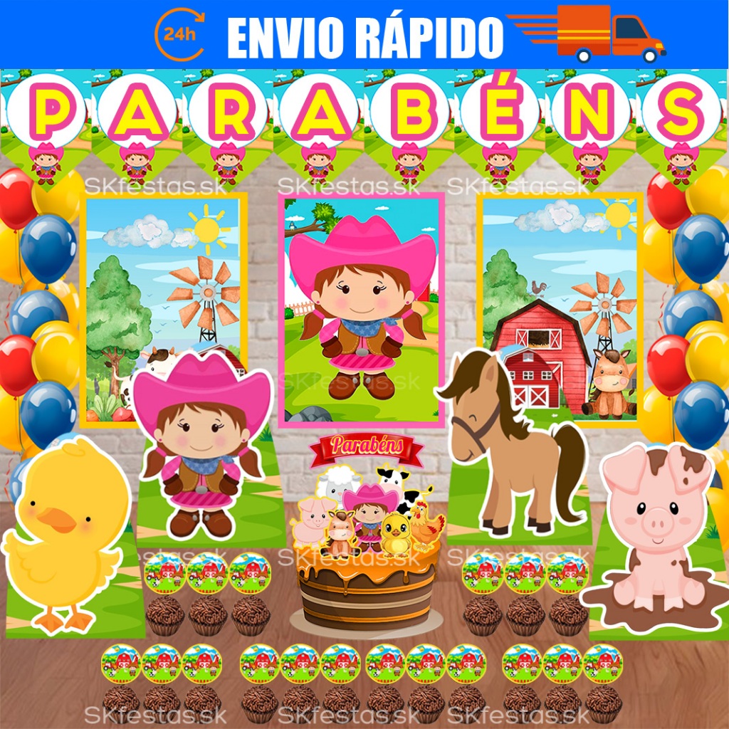 Kit festas Fazendinha Menina, Rosa, Animais Só um Bolinho decoração de festa, festa em casa, aniversário, Mêsversário