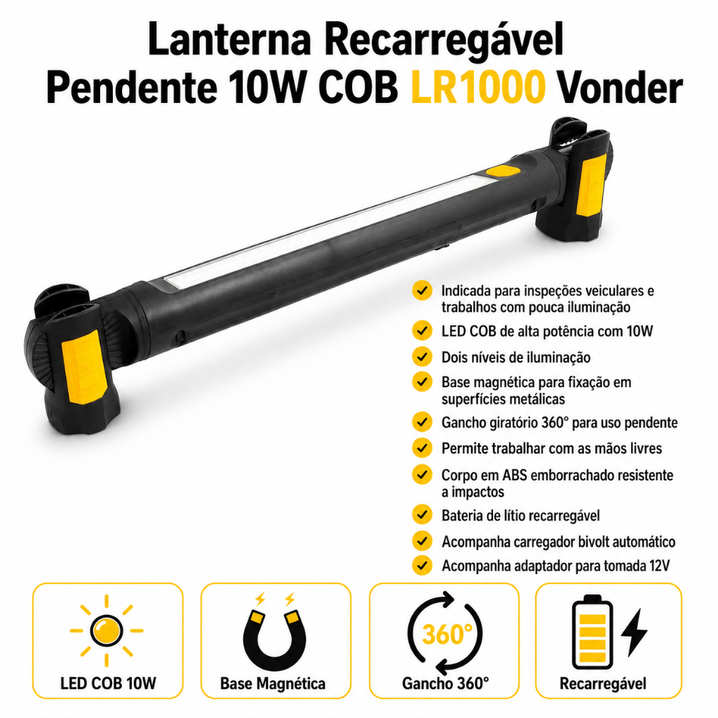 Lanterna Recarregável Pendente 10W COB Magnética LR1000 Vonder