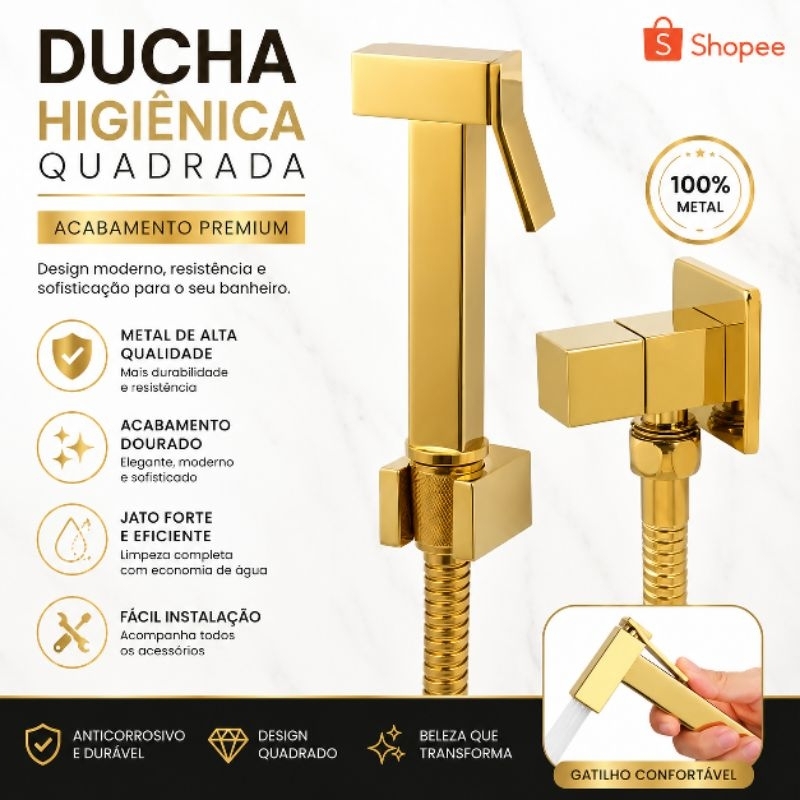 Ducha Higiênica Dourada Quadrada Banheiro com Registro Completa  Acabamento Brilhoso
