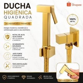 Ducha Higiênica Dourada Quadrada Banheiro com Registro Completa  Acabamento Brilhoso
