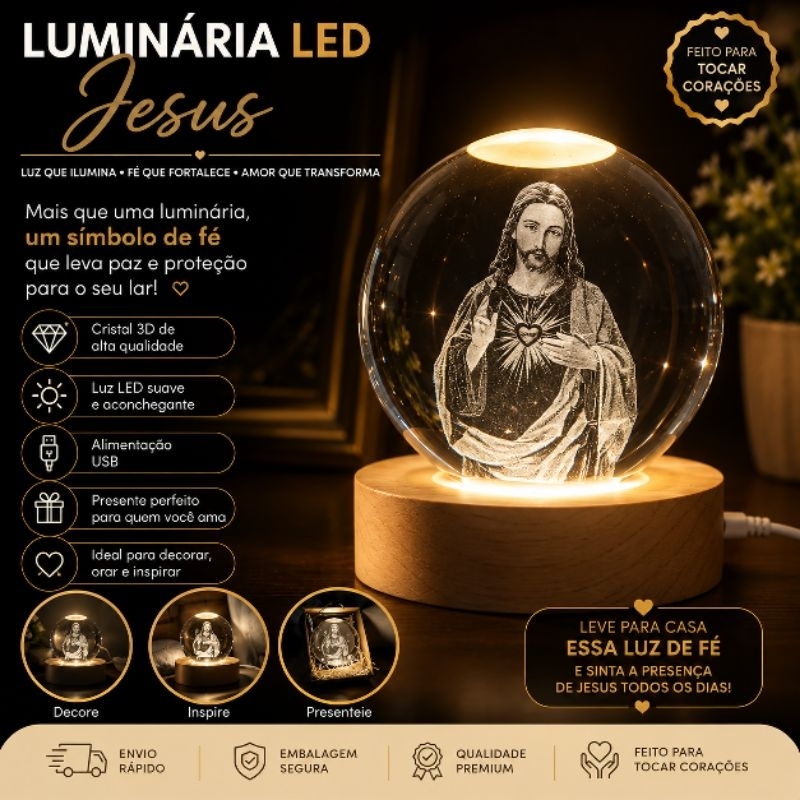 Luminária LED Jesus Sagrado Coração Cristal 3D USB Abajur Religioso Decoração Católica Presente