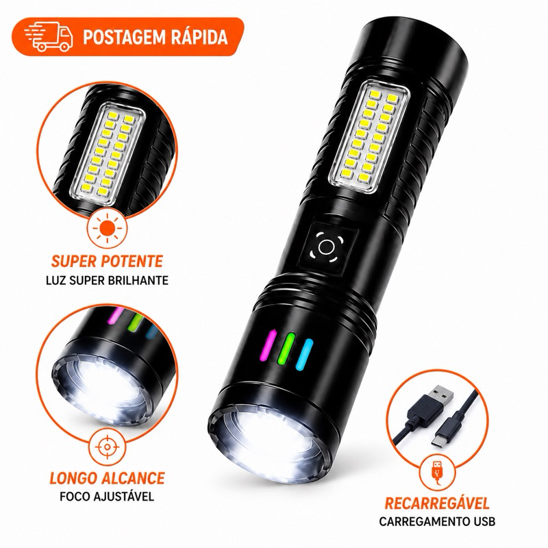 Lanterna LED Tática Recarregável USB Super Potente Longo Alcance Luz Lateral COB