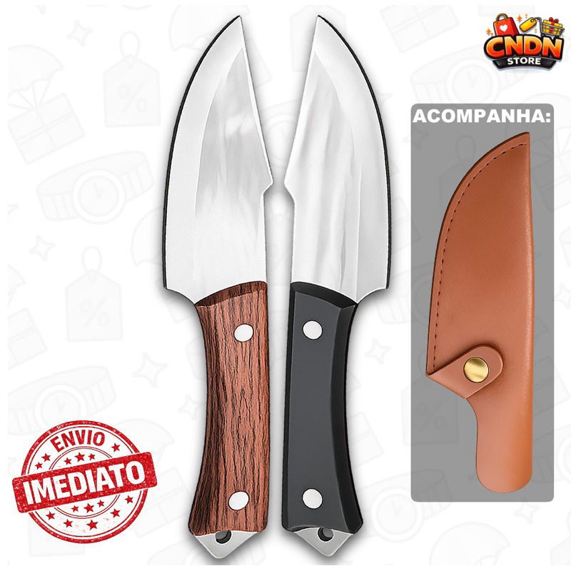 Faca Desossa Profissional Afiada Churrasco Camping Pesca - Aço Inox Cabo Madeira Bainha Couro PU