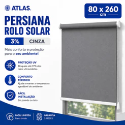 Persiana Rolo Solar 80x260 Cm 3% Cinza Proteção UV Atlas - Original