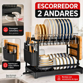 Escorredor de Louça Inoxidável 2 Andares Rack Drenagem Automática Bandeja 360º Organizado…