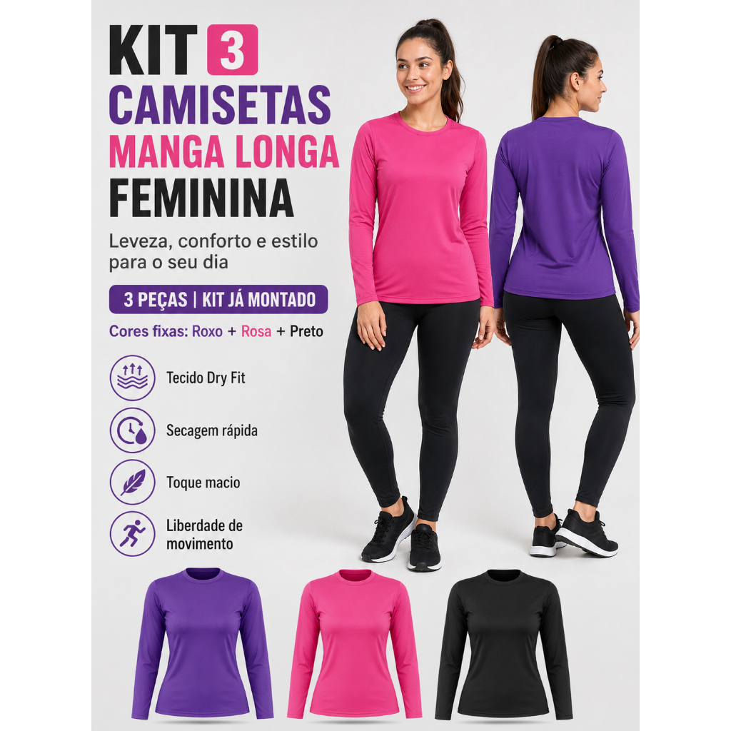 Kit 3 Camisetas Feminina Manga Longa Segunda Pele Proteção Solar Uv Camiseta Esportiva GLK Sports