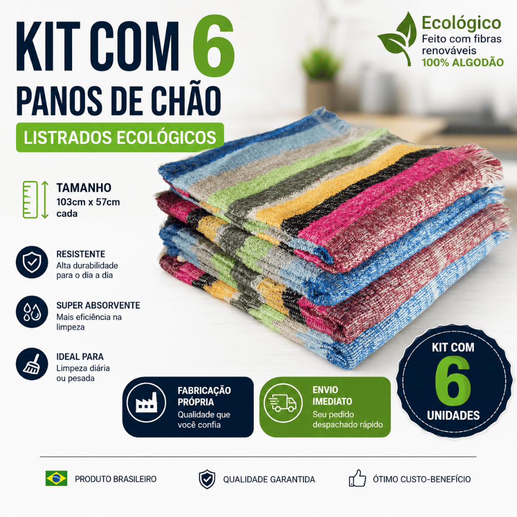 Kit com 6 Panos de Chão Ecológico Listrados Grandes 100% algodão