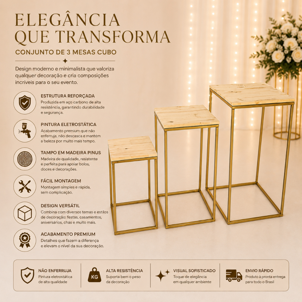 Kit 3 Mesas Ferro Cubo P-M-G Desmontavel Decoração Festa Casamento Aniversário Chá Revelação Eventos
