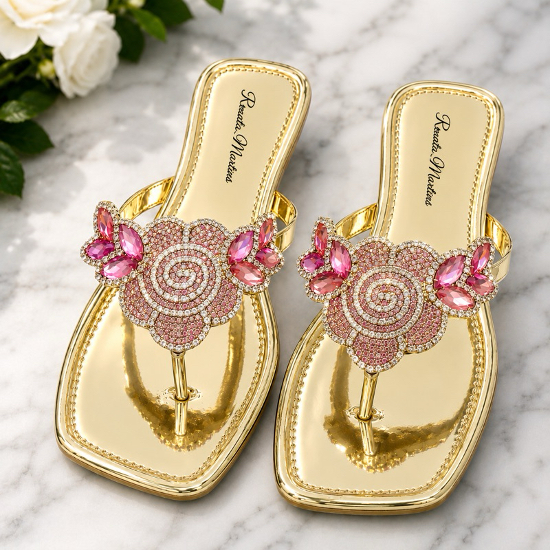 Rasteirinha Feminina Metalizada Flor Pedrarias Strass Cristais Luxo Elegante Brilhante Festa Verão