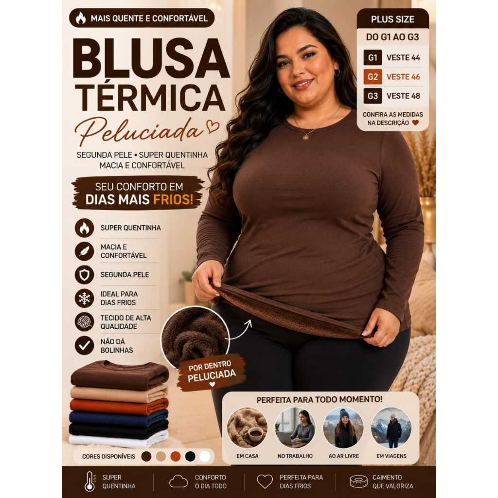 Blusa Térmica Peluciada Plus Size Feminina Segunda Pele Inverno Frio Intenso Super Quente Confortável