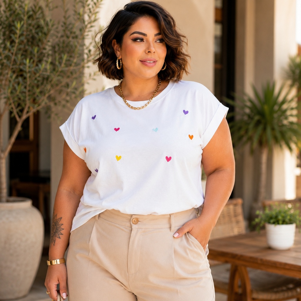 Blusa Plus Size Manga Japonesa com Coração Bordado Tecido 100% Algodão T-shirt Moda Clean