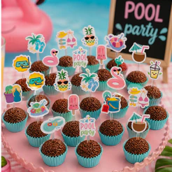 24 36 48 Toppers Pool Party Festa na Piscina 4cm Docinhos Cupcake Festa Infantil Verão