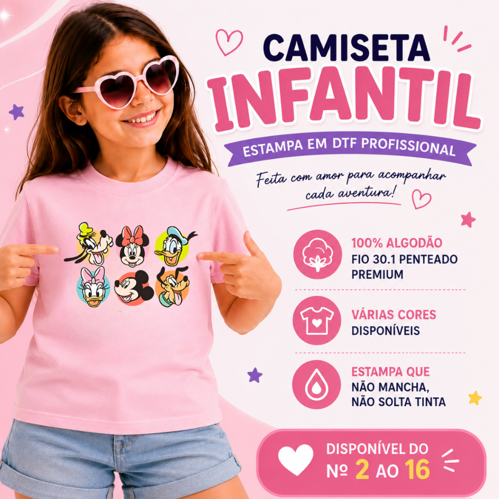 Camiseta Infantil Menina Personagens Divertidos T-shirt Feminina Juvenil 100% Algodão