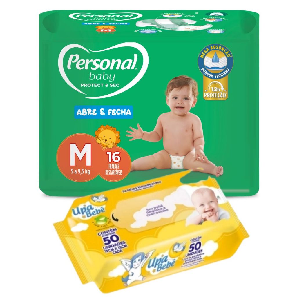 Kit Fraldas Personal Baby Jumbinho + 50 Toalhas Umedecidas Upa Bebê - Escolha o Tamanho