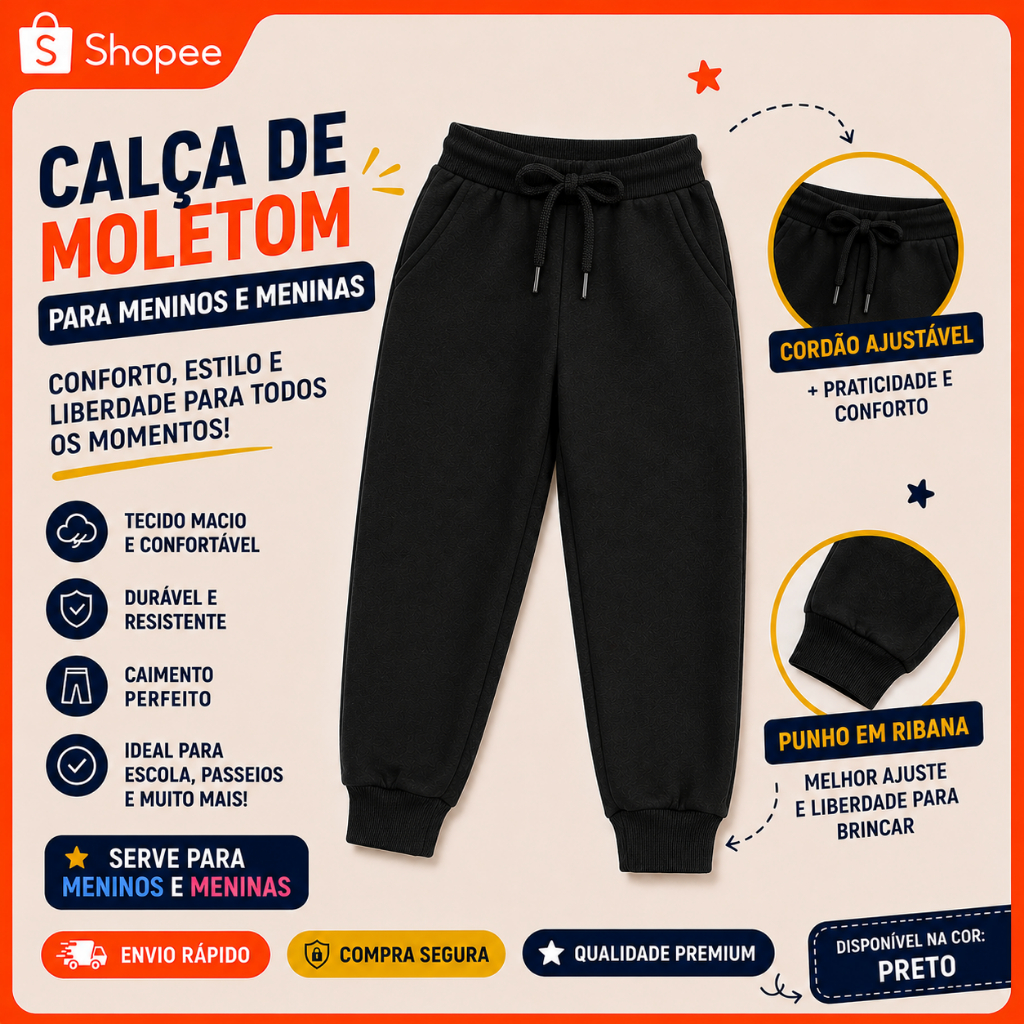 Calça Infantil Juvenil De Moletom /Jogger Para Menino E Menina