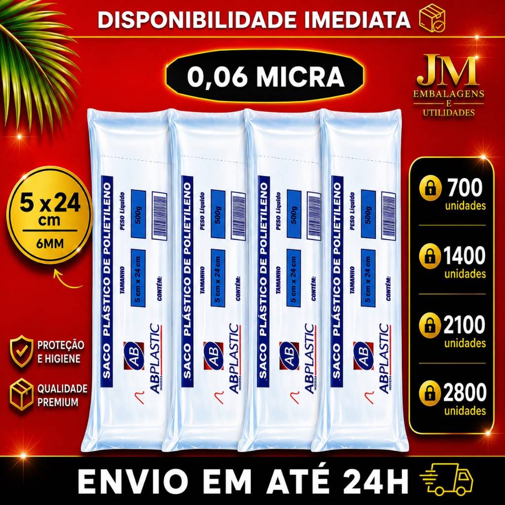 Saquinho Transparente 6mm 5x24 - Embalagem para Geladinho/Geladão - Escolha a Quantidade | ABPlastic