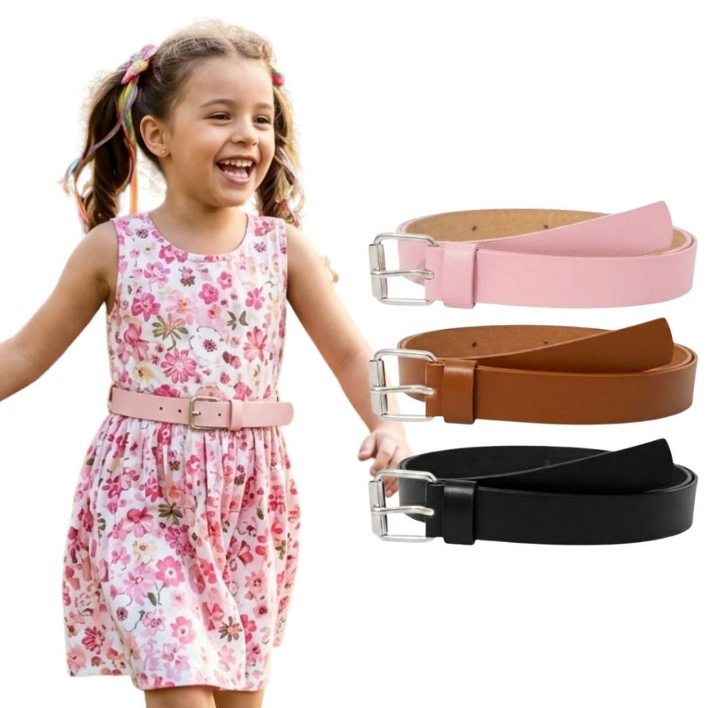 KIT 3 Cintos Fino Infantil 2cm Colorido Moda Kids Fivela Prata Rolete Princesa Delicada Estilo Boneca 2 a 12 anos - Isa