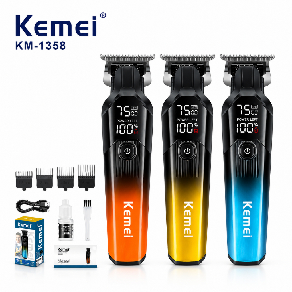 Máquina de Cortar Cabelo e Barba KM-1358 – Motor 7500RPM, Bateria 1200mAh, Display LED Turbo