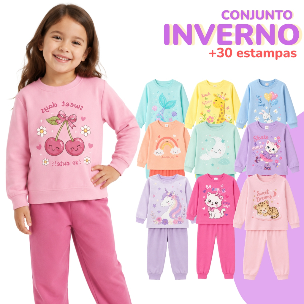 Kit 4 a 10 Peças Conjunto Infantil Sortido Inverno Menina Liso e Estampado Moletom Frio 1 a 8 anos