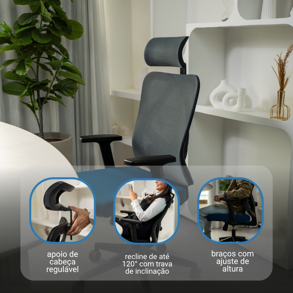 Detalhes do Cadeira Ergonômica Escritório Stoel Sync Preta ou Preta e Cinza Reclinável Confortável Ajuste Lombar Cervical Bifma