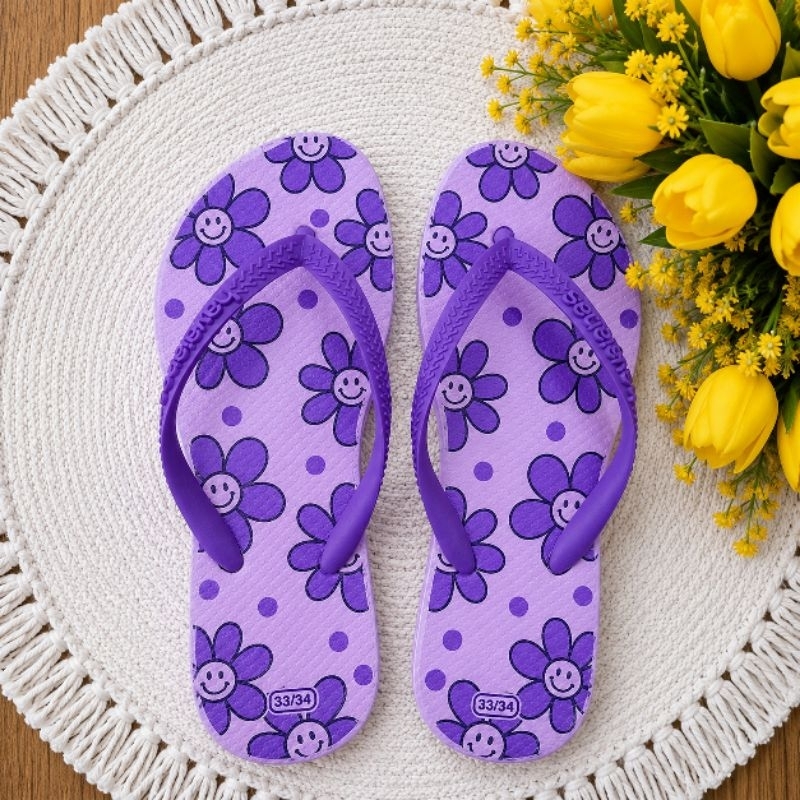 Sandália Feminina Estampada Lilás Floral Confortável Antiderrapante Casual Leve Praia Piscina Moda Verão rasteirinha