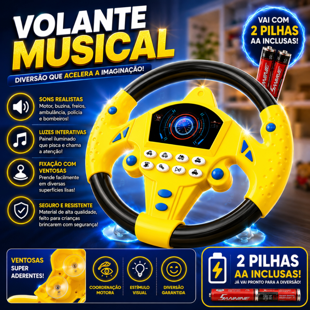 Volante Educativo Infantil Musical com Ventosa Som Luz Brinquedo Interativo Direção